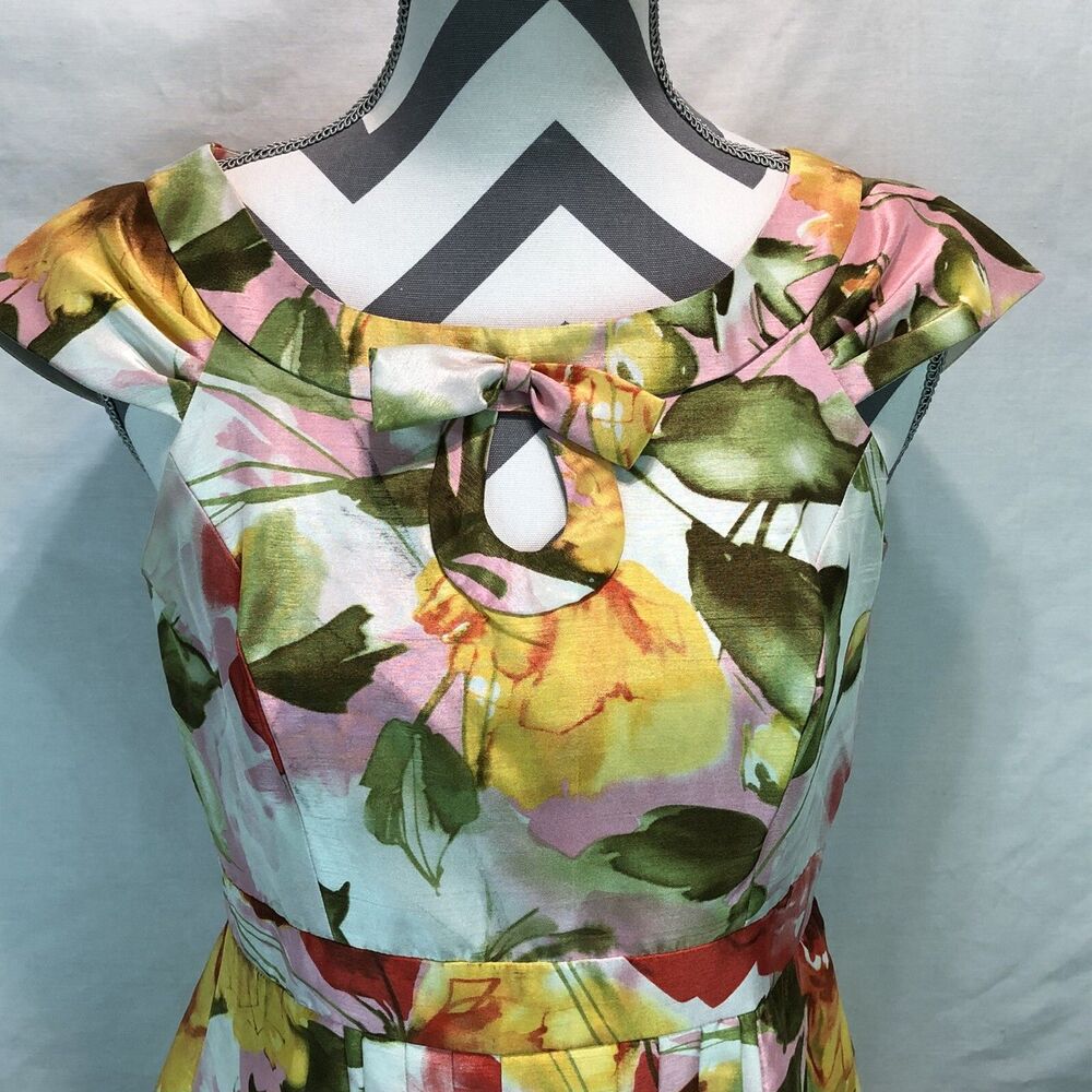 Signature by Robbie Bee Floral Cap Sleeve Dress Knee Length Bow Keyhole 4 HHH9